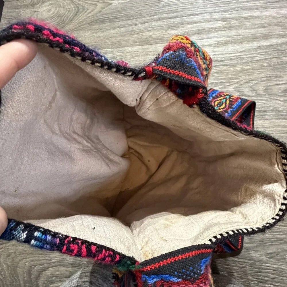 Multicolor Woven Bag Nepal Fish Motif PomPom Bohemian Grunge Festival 90s VTG